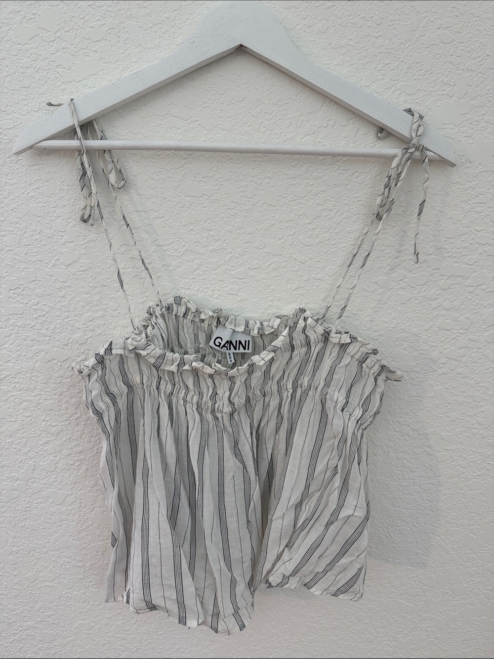 Ganni White and Gray Striped Tie-Shoulder Cami